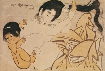 Yama-Uba, a mulher da montanha, com Kintoki, o seu bebé
